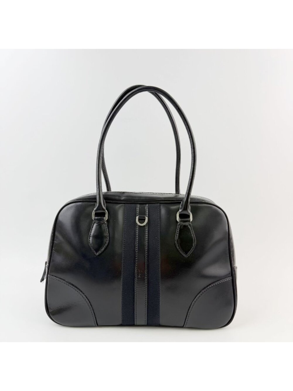 Prada Bowling Triangle Logo Side Line Shoulder Bag Leather Black Silver Vintage